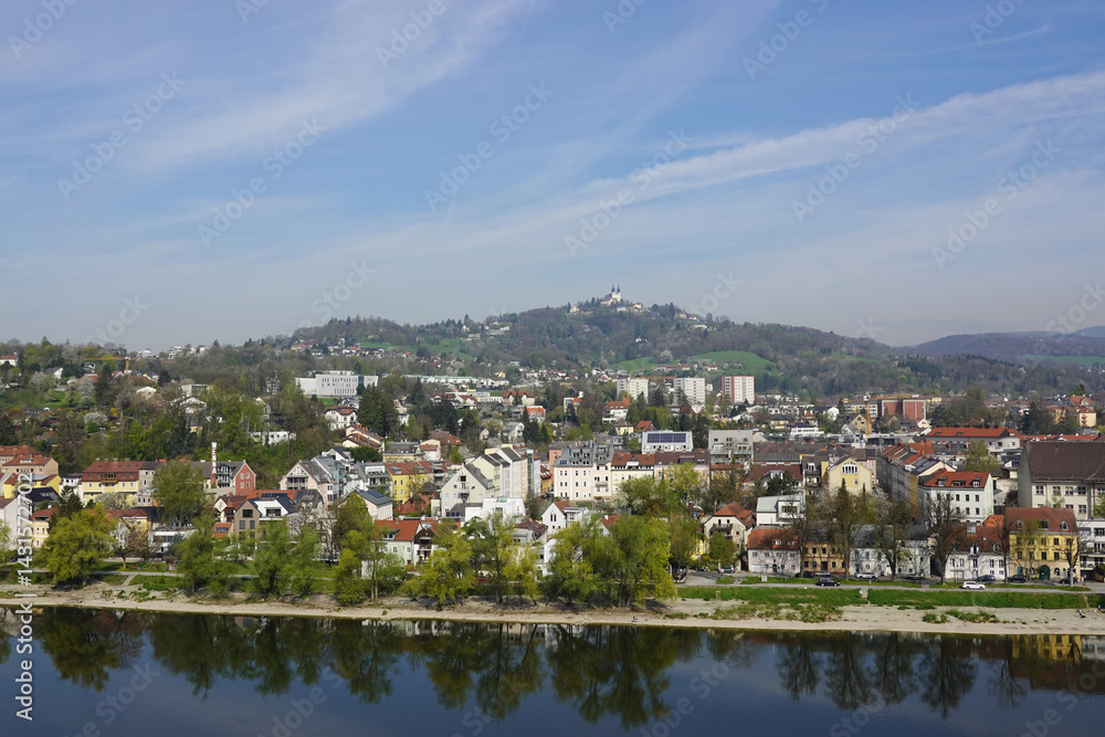 A riverside embankment in Linz, the river Danube, Austria