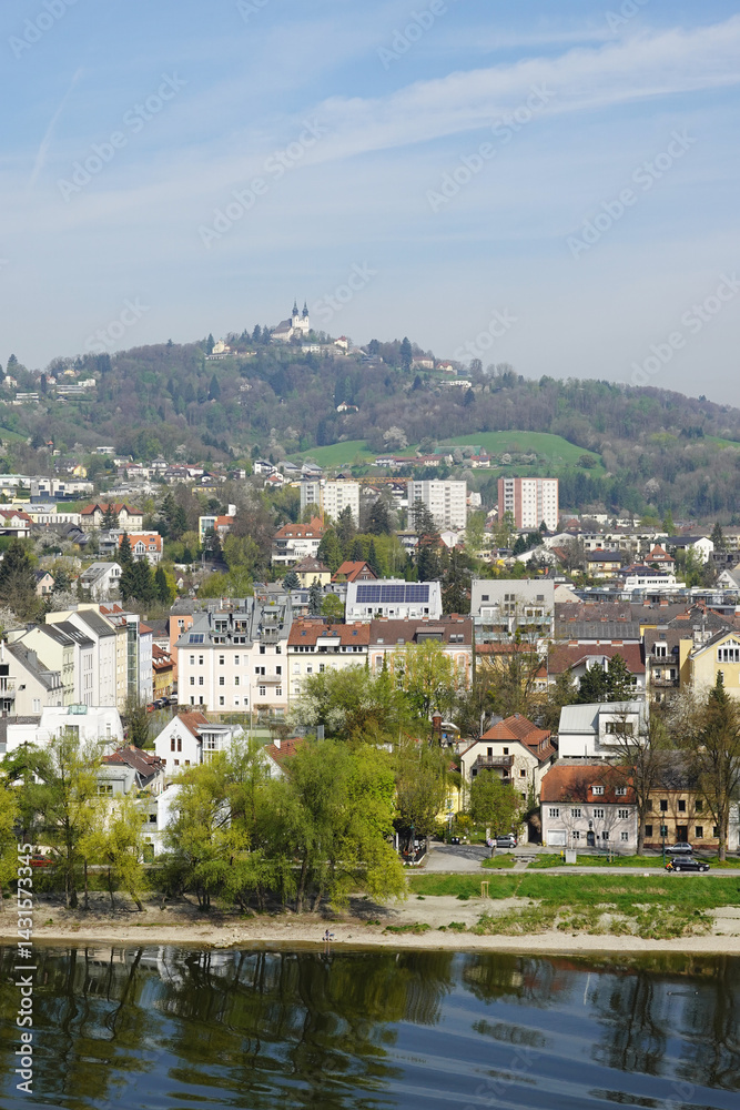 A riverside embankment in Linz, the river Danube, Austria