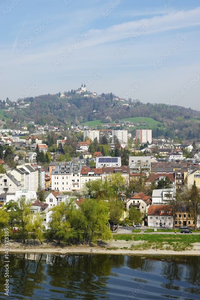 A riverside embankment in Linz, the river Danube, Austria