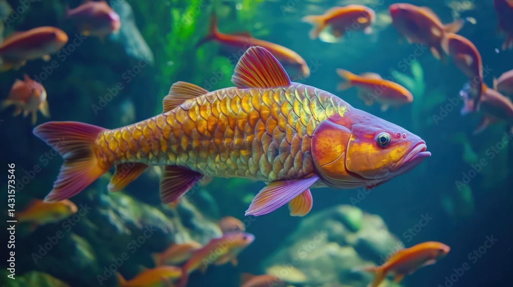 Vibrant fish in an aquarium setting. A colorful, large fish swims amidst a school of smaller fish, in a lush aquatic environment Vibrant fish in an aquarium setting. A colorful, large fish swims amidst a school of smaller fish, in a lush aquatic environment
