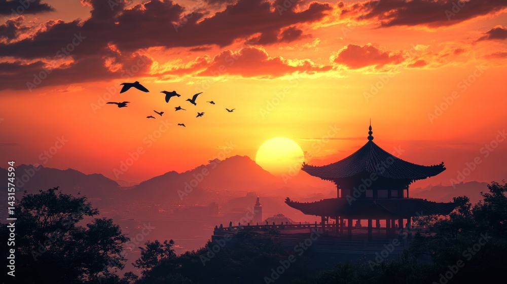Sunrise over ancient Chinese temple Sunrise over ancient Chinese temple