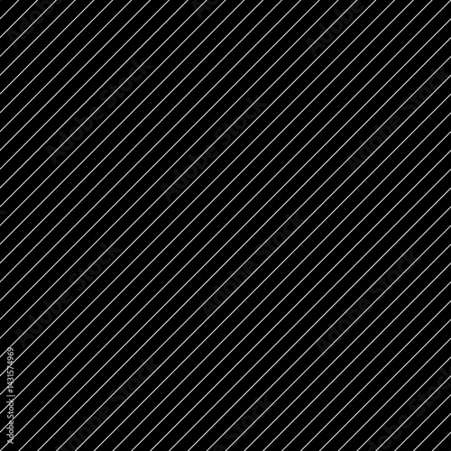 Diagonal thin white lines abstract on black background. Seamless surface pattern design with linear ornament. Angled straight stripes motif. Slanted pinstripe. Striped digital paper for print. Vector.