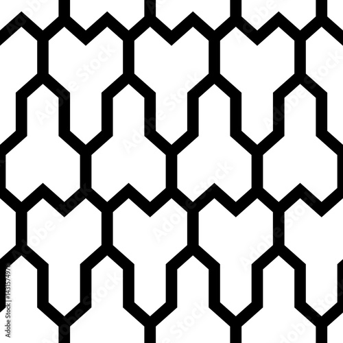 Repeated white puzzle on black background. Seamless surface pattern design with mosaic ornament. Logic games motif. Pavement wallpaper. Digital paper, page fills, web designing, textile print. Vector.