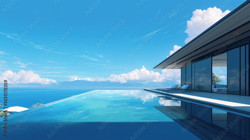Fototapeta premium Modern waterfront villa with infinity pool. Breathtaking ocean views from a contemporary, sleek home. Spacious outdoor living area