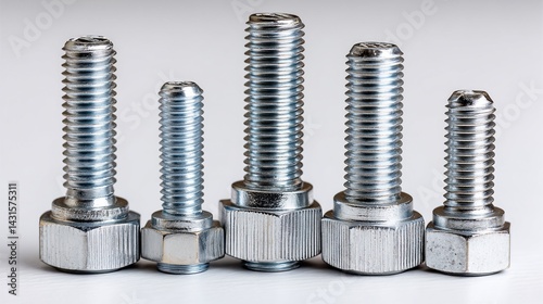 Five metal bolts of varied sizes aligned on a white surface