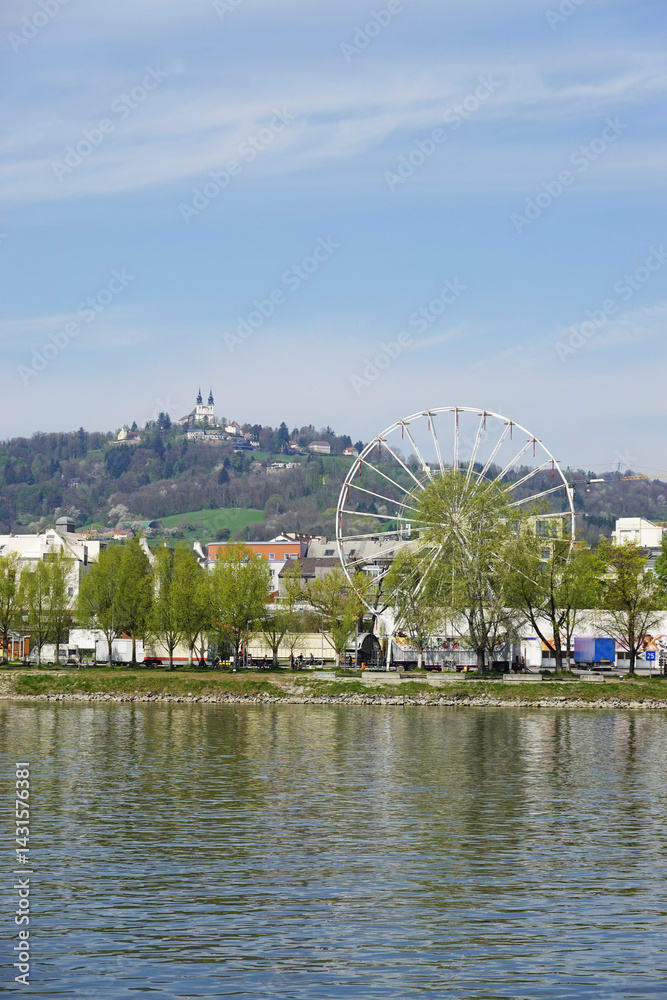 A riverside embankment in Linz, the river Danube, Austria