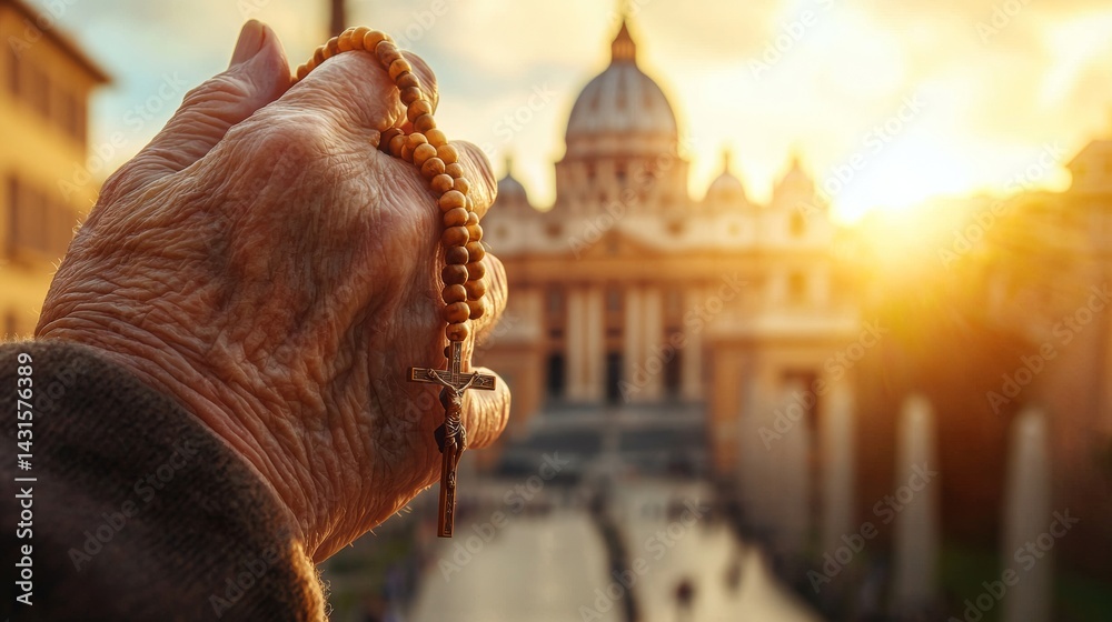 Close-up of hands holding a rosary at sunset in the Vatican