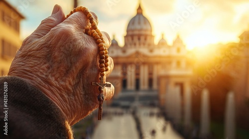 Obraz na płótnie Close-up of hands holding a rosary at sunset in the Vatican w salonie