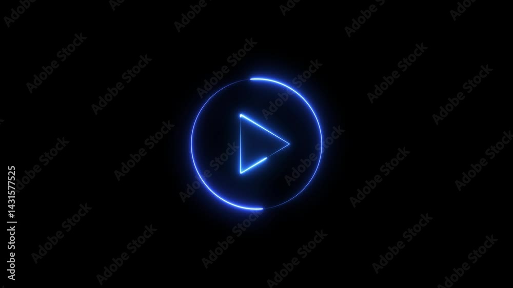 Glowing blue neon play button on black background animated design element