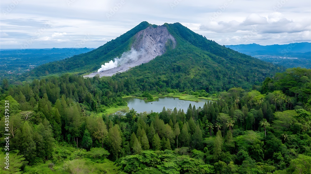 Fototapeta premium Volcanic mountain, lush green forest, serene lake