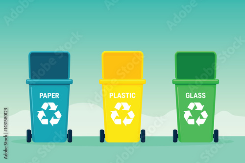 Flat vector illustration of a recycling bins set for waste sorting.