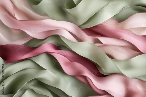 Soft, flowing silk ribbons in delicate shades of muted pink and sage green.