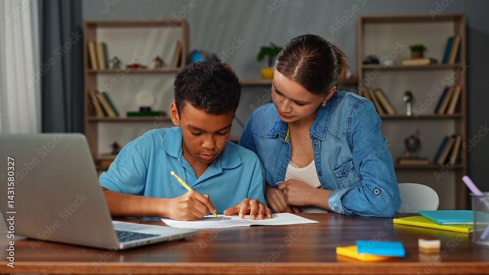 Young african american child boy studying at home, kid and mother at desk, boy doing homework writing in notebook, mother helping and checking the process. Young african american child boy studying at home, kid and mother at desk, boy doing homework writing in notebook, mother helping and checking the process.
