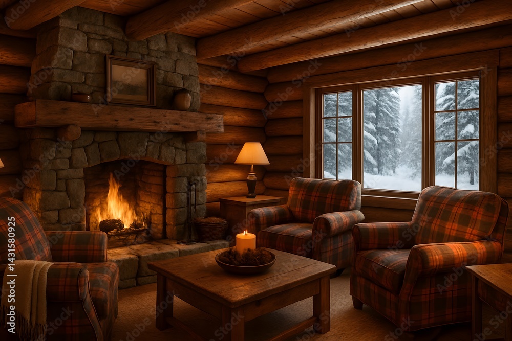 Fototapeta premium Charming wood cabin living room with crackling fireplace and soft lighting. Ideal for room decor ideas, cozy room decor lovers and aesthetic room decor for holiday season inspiration. Home decor.