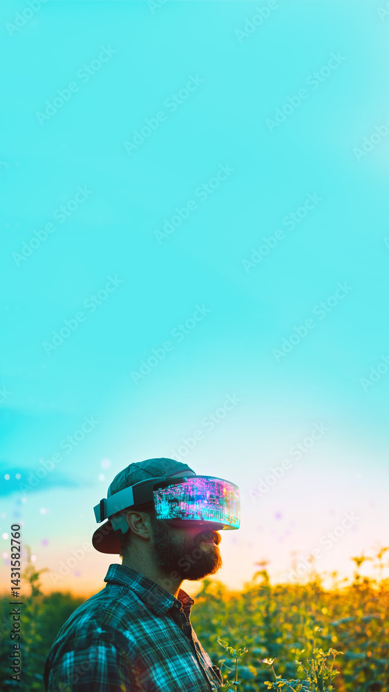 Male farmer in VR headset standing in a field. exploring virtual reality in modern agriculture, technology concept, vertical story format