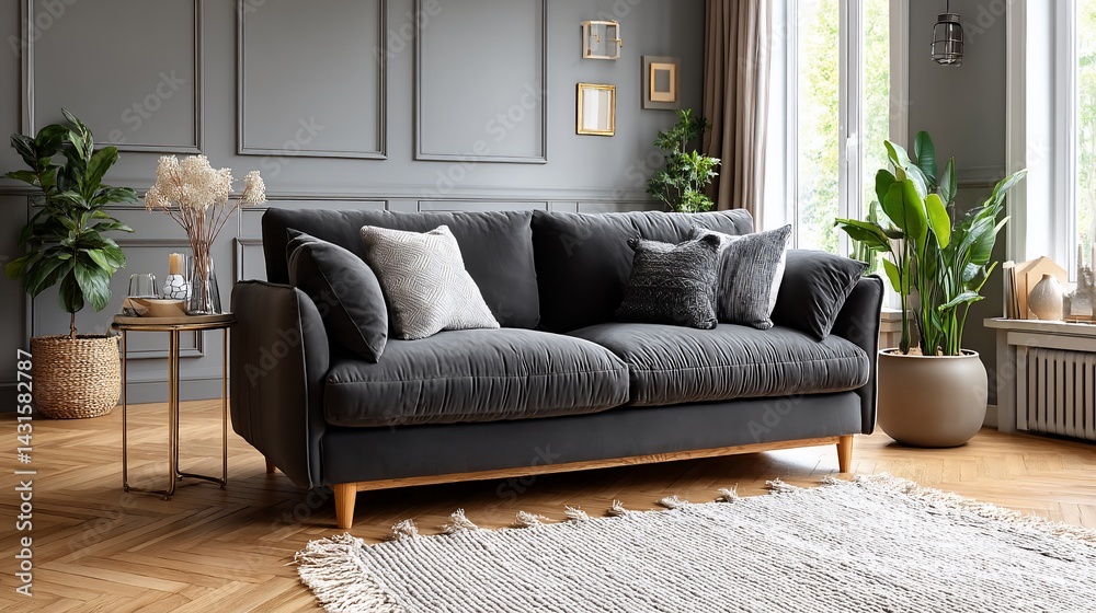 Fototapeta premium Gray sofa in a bright room with wood floor and plants near a window
