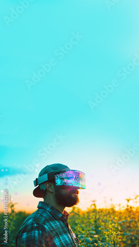 Obraz na płótnie Male farmer in VR headset standing in a field. exploring virtual reality in modern agriculture, technology concept, vertical story format w salonie