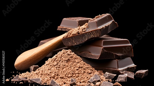 Dark chocolate bars, cocoa powder, and wooden spoon on black background