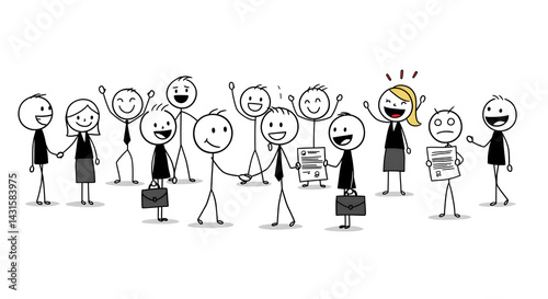Stick figures celebrate workplace success except one