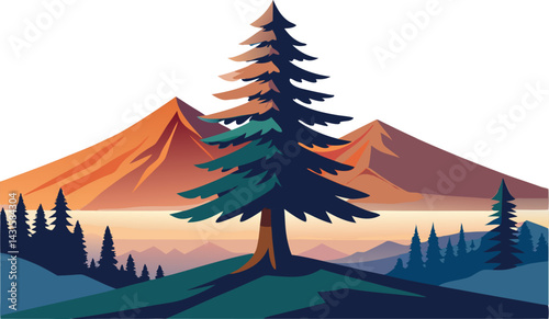 watercolor pine tree front view isolated on white background.