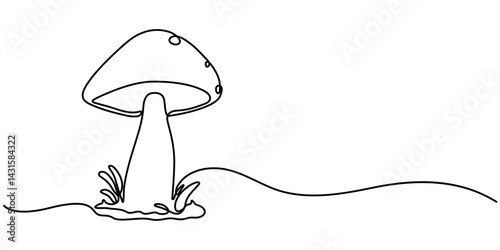 Continuous line drawing of Mushroom. One line Champignon vector background. Edible autumn harvest  Nature food vector illustration. mushroom clean with delicious taste vegetable.                      