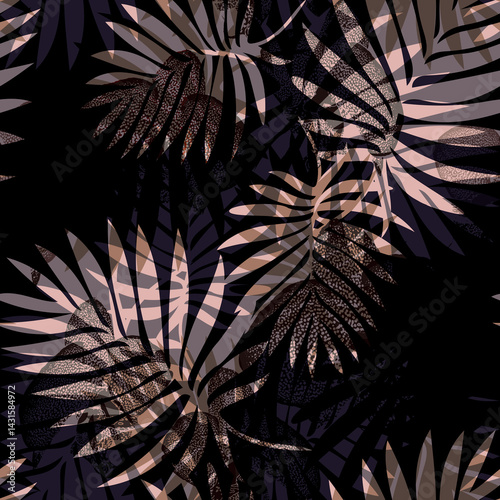 Dark brown axotic seamless pattern with bright tropical leaves and shadow. Floral illustration for bedding, home textile, package. Rapport illustration.