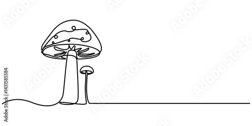 Continuous line drawing of Mushroom. One line Champignon vector background. Edible autumn harvest  Nature food vector illustration. mushroom clean with delicious taste vegetable.                      