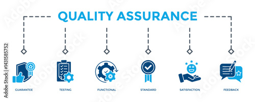 Quality Assurance Banner Icon Vector Illustration. Two Tone Blue Style. Can Be Used To Create Any Design