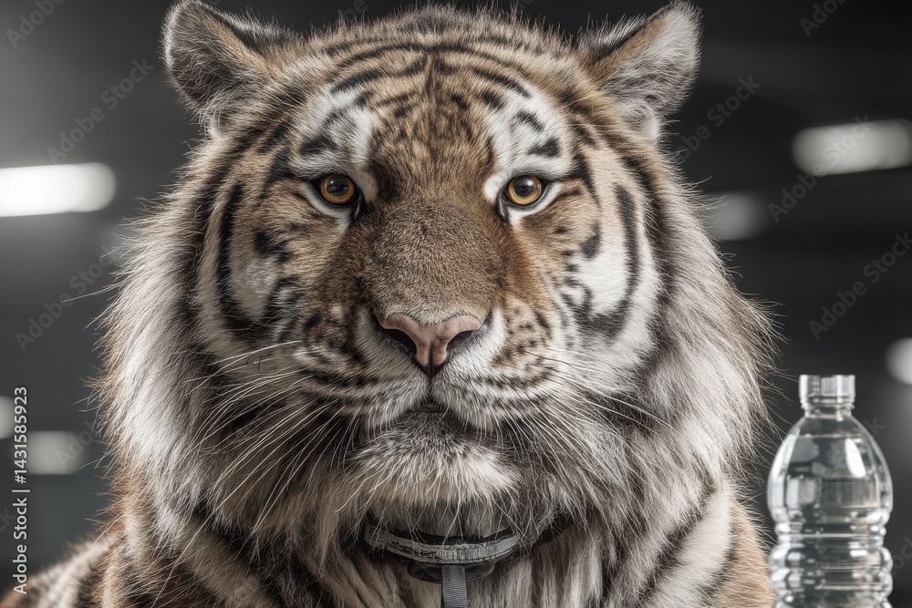 Obraz premium A majestic tiger portrait, capturing its intense gaze and striking striped fur pattern with exceptional detail and a water bottle in the background.