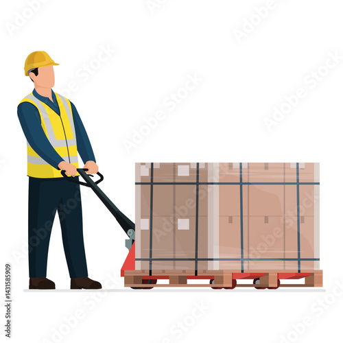 Worker moving boxes using a pallet jack