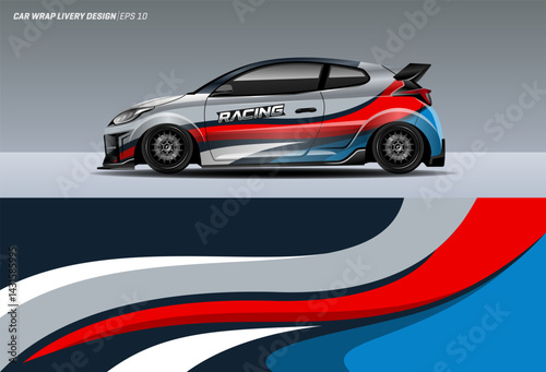 red and blue wavy car wrap design with racing style