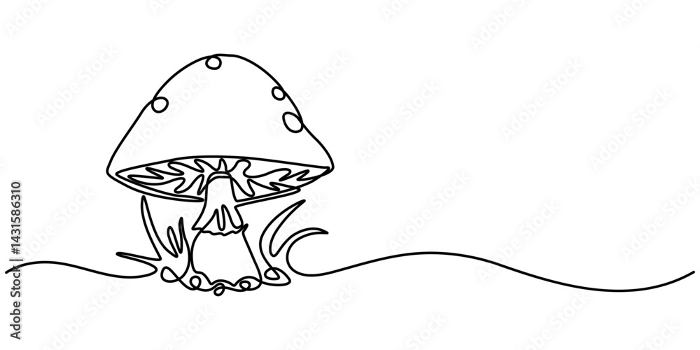 Continuous line drawing of Mushroom. One line Champignon vector background. Edible autumn harvest  Nature food vector illustration. mushroom clean with delicious taste vegetable.                      