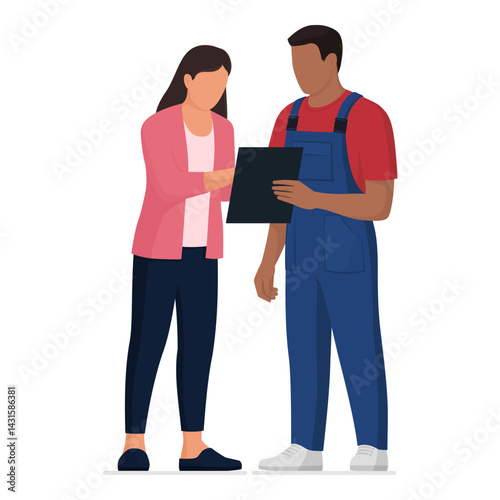 Repairman showing an invoice to a customer