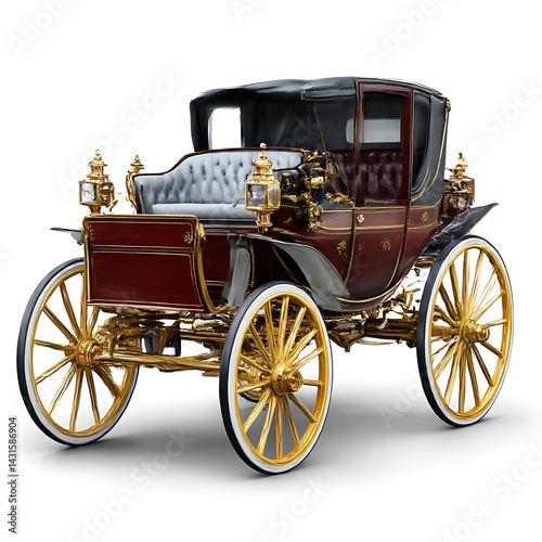 A detailed image of an antique horse-drawn carriage, isolated on a clean white background.
