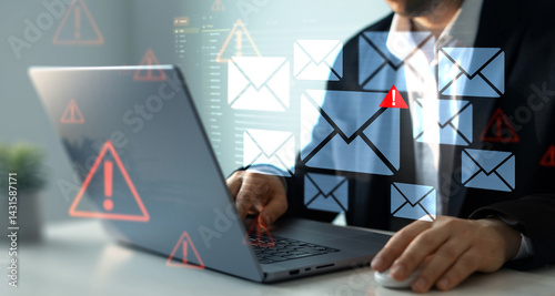 Email security and virus spam alert in email. Fake text email scam.Scammers online.Cyber scam. Spam email message on digital screen.	