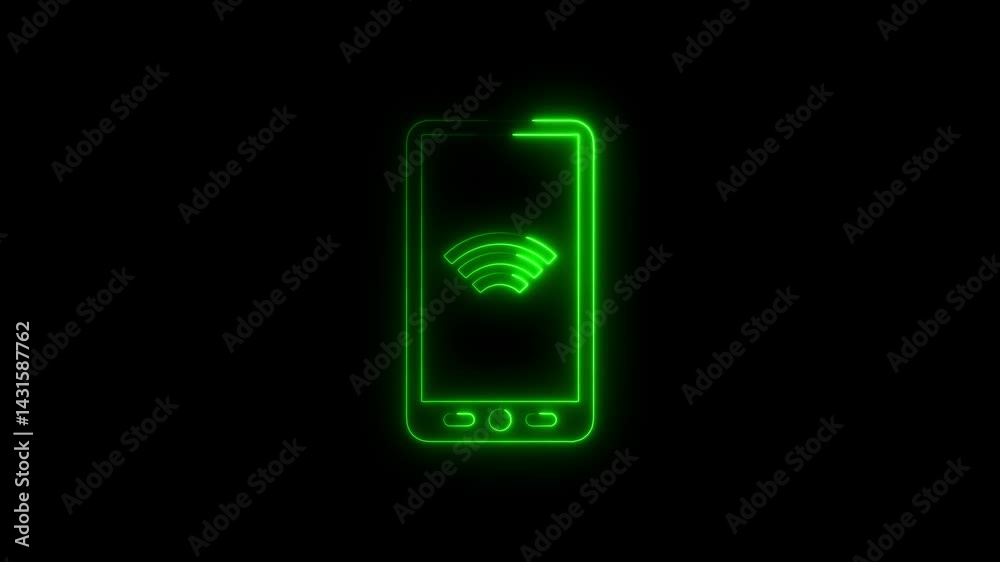 Glowing green smartphone with wifi icon on black background futuristic animation