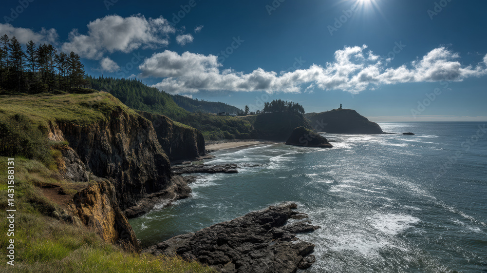 A breathtaking view from a grassy cliff overlooking the rugged Oregon coastline with crashing waves and lush green forests under a clear blue sky with bright sunlight. A breathtaking view from a grassy cliff overlooking the rugged Oregon coastline with crashing waves and lush green forests under a clear blue sky with bright sunlight.