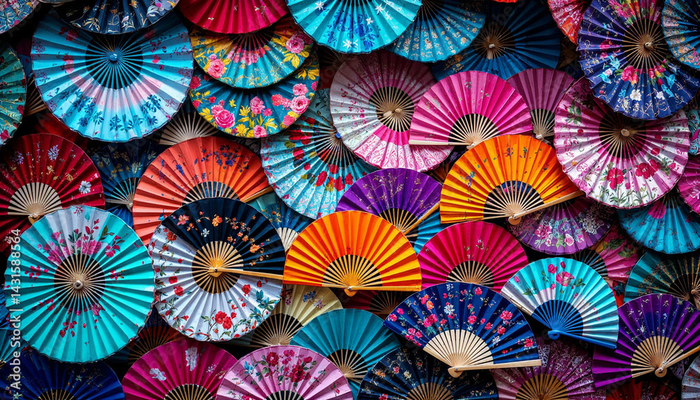 custom made wallpaper toronto digitalColorful paper fans arranged in vibrant patterns on a wall during a cultural festival event