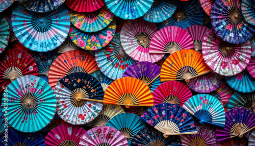 Wallpaper Mural Colorful paper fans arranged in vibrant patterns on a wall during a cultural festival event Torontodigital.ca