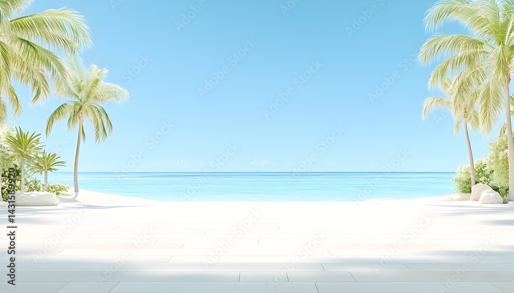 Empty white platform on a tropical beach with palm trees and blue ocean Empty white platform on a tropical beach with palm trees and blue ocean