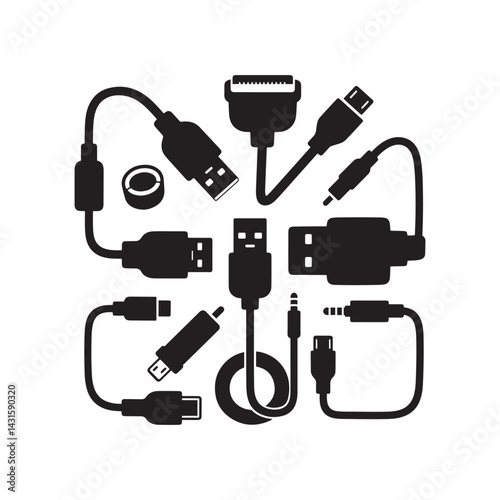 Electronic cables, computer connectors, black silhouettes, tech accessories, USB plugs 