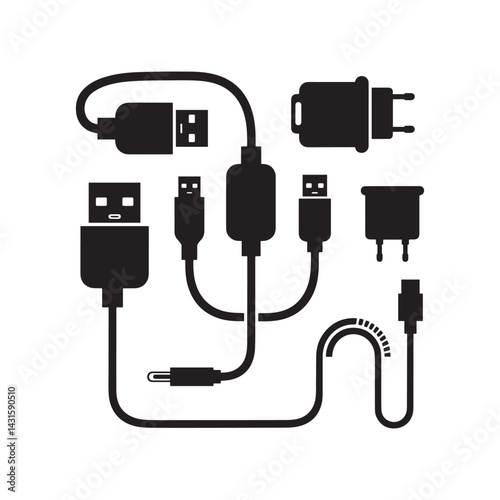 Electronic cables, computer connectors, black silhouettes, tech accessories, USB plugs 