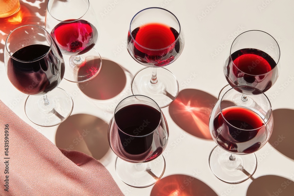 Fototapeta premium An elegant and modern still life of red wine glasses, creating a striking visual with their shadows and colors, perfect for wine tasting or celebration themes.