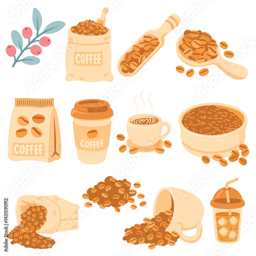 Flat Coffee Beans and Drinks Illustration Set Hand Drawn Style