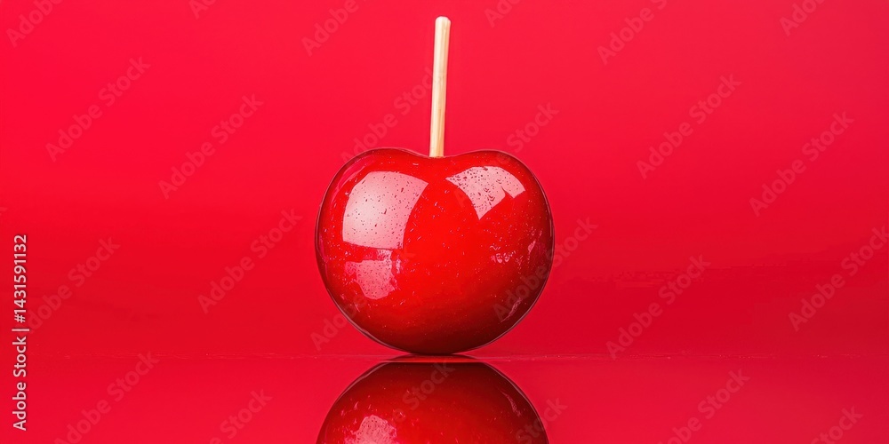 Obraz premium National cherry day with dessert celebration idea. Shiny red cherry lollipop on a reflective surface against a red background.
