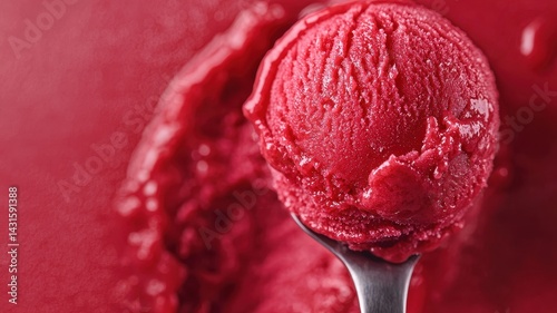 National cherry day with dessert celebration idea. Delicious red cherry sorbet on a spoon against a vibrant background.