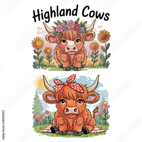 Cute Highland Cows with Flowers T-Shirt Design