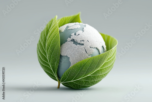 Minimal 3D Image of Green Leaf Wrapping Around White Globe on Light Gray Background