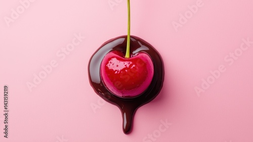 National cherry day with dessert celebration idea. Glazed cherry on a pink background with chocolate drizzle.
