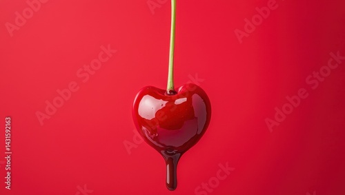 National cherry day with dessert celebration idea. Sweet red cherry with melted cholcolate on a red background.